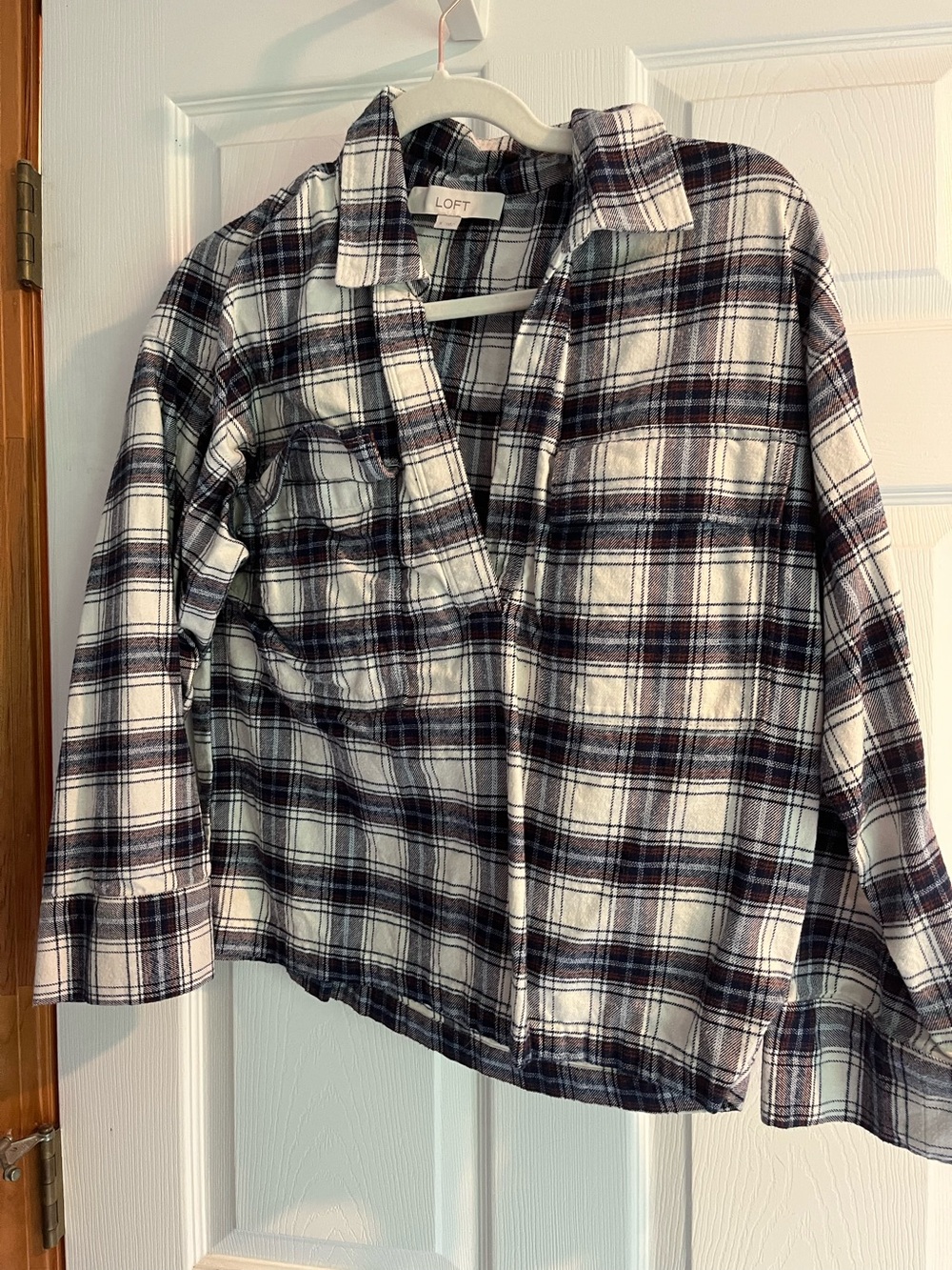 LOFT White Plaid Button-Up Shirt 3/4 length sleeves